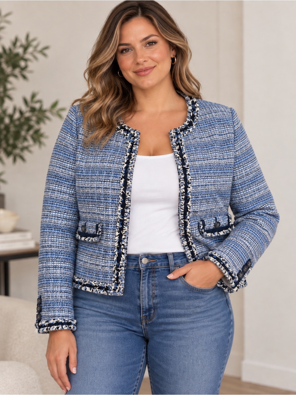 Women’s Blue White Tweed Jacket Fringe Trim Collarless Cropped Blazer